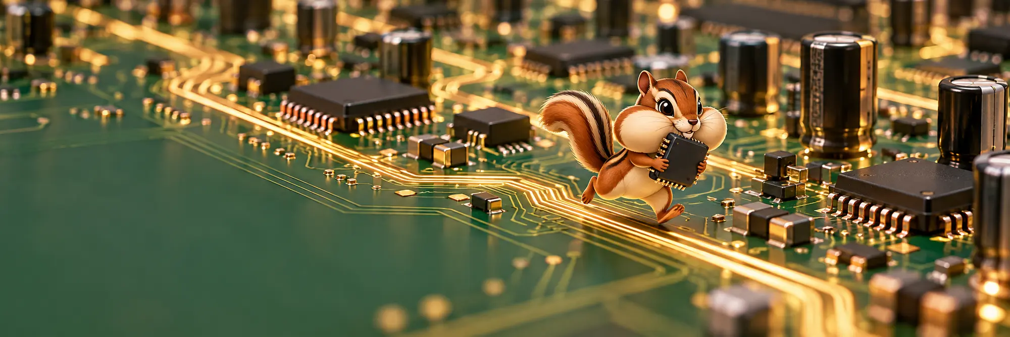 A chipmunk with stuffed cheeks runs along a gold circuit trace carrying a microchip