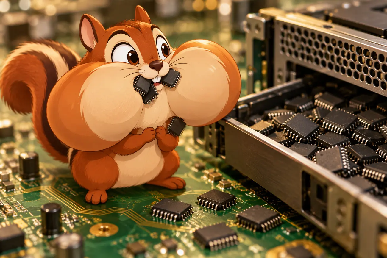 The chipmunk next to an open server tray full of chips, cheeks stuffed larger than his head